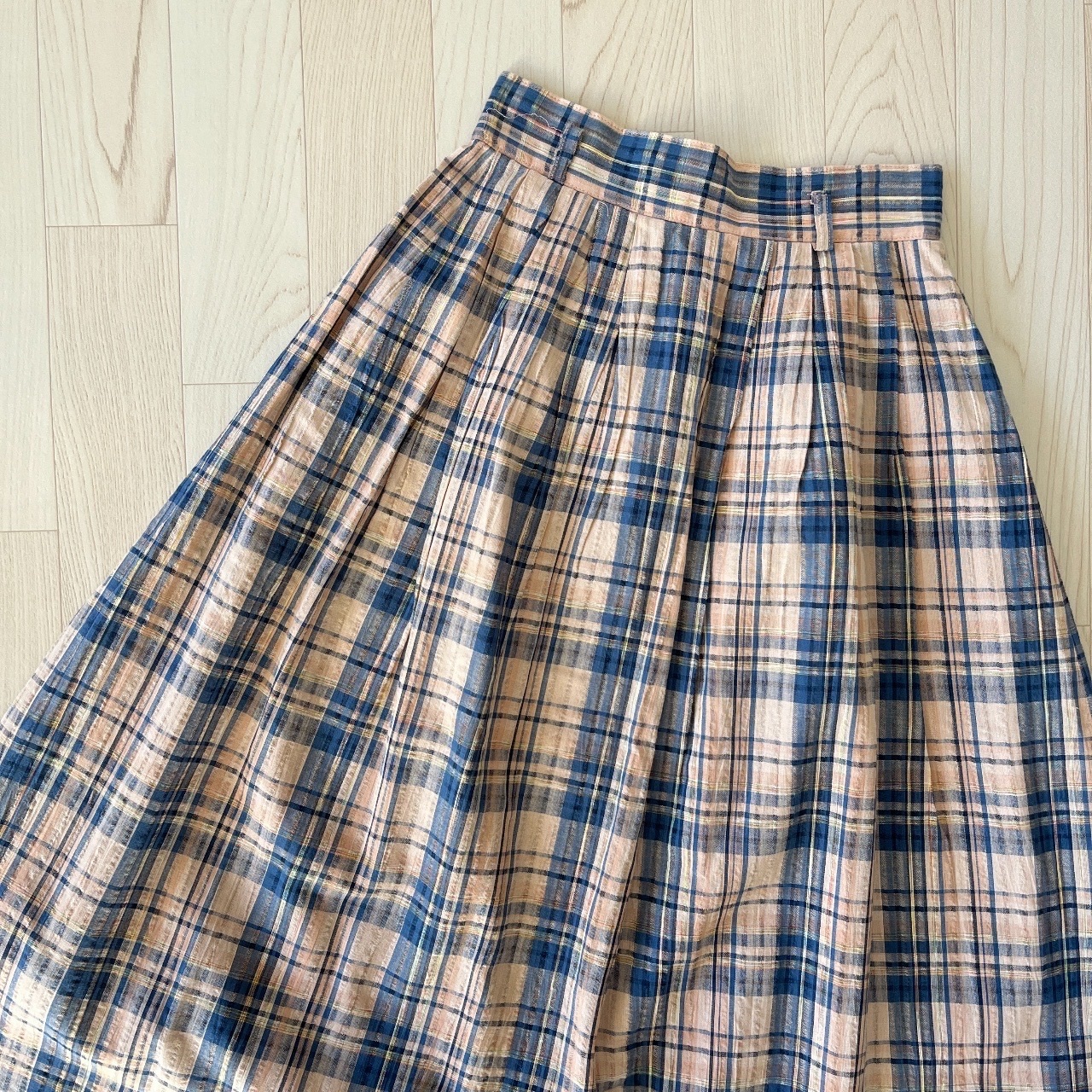 日本製學院風粉藍格紋綿麻半裙