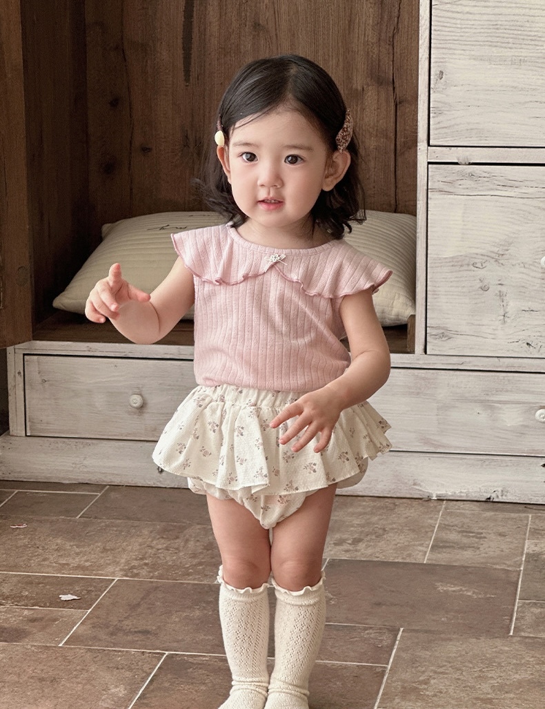 淺紫花邊領背心+碎花屁屁褲裙(73-100)