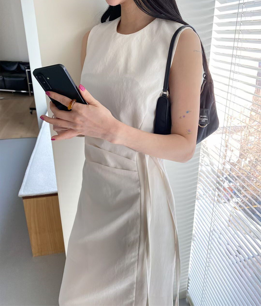 腰抓褶綁帶背心長洋