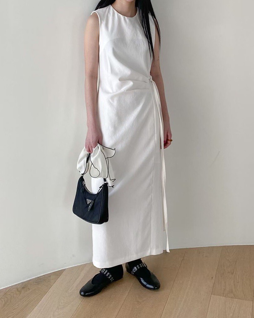 腰抓褶綁帶背心長洋