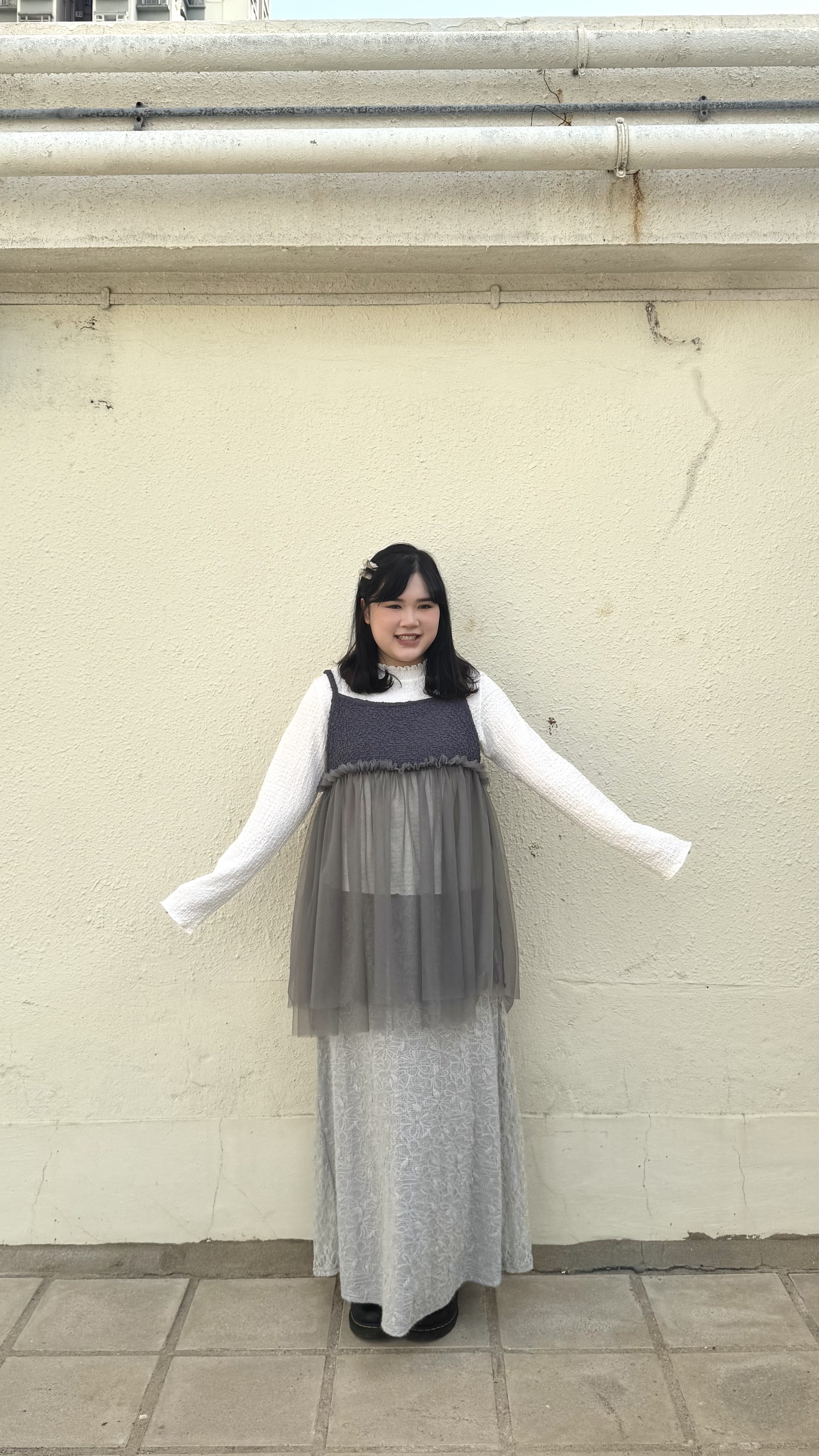 皺皺布拼紗吊帶