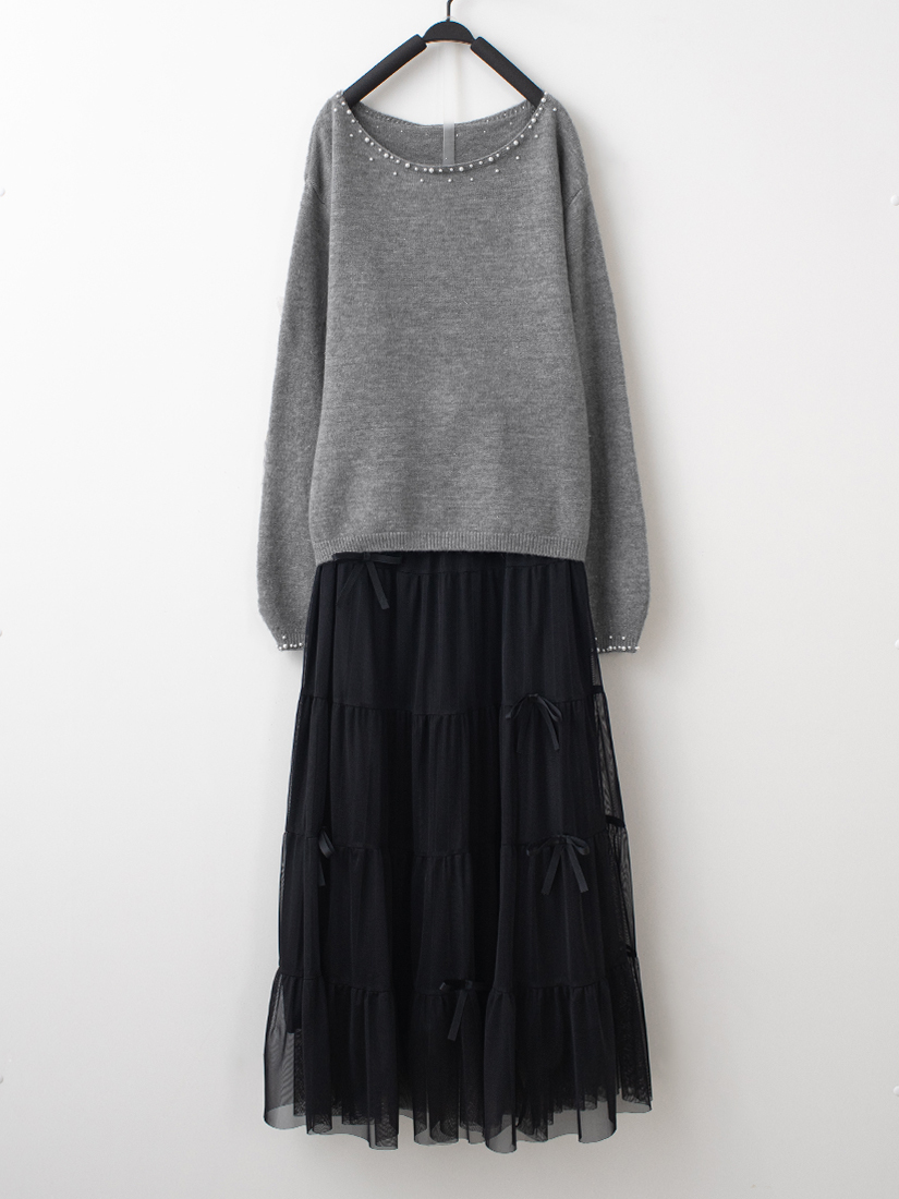 一字領金蔥針織上衣蝴蝶結層次蛋糕紗裙組合