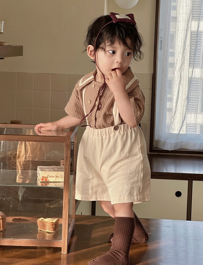 英倫條紋襯衫+米色吊帶褲(73-100)