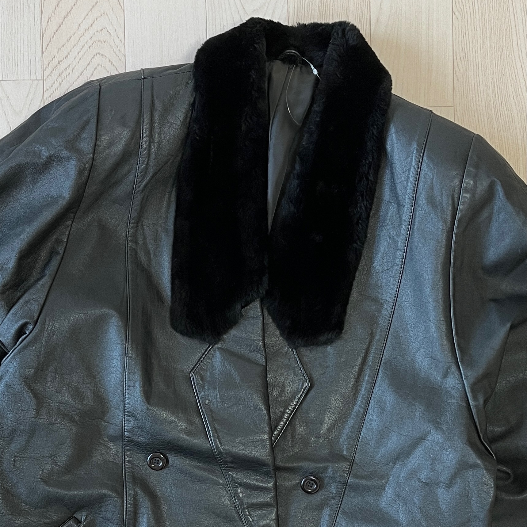 日本製黑色毛毛領牛皮皮褸