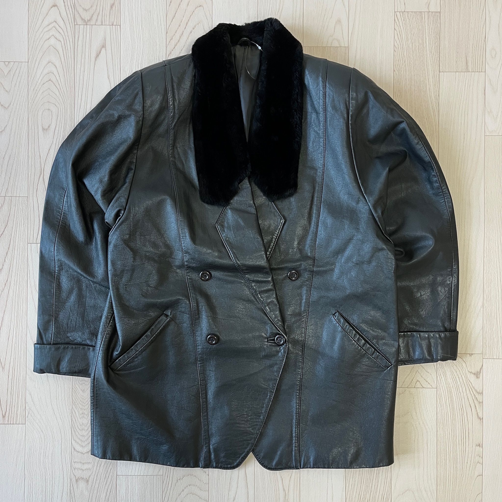 日本製黑色毛毛領牛皮皮褸