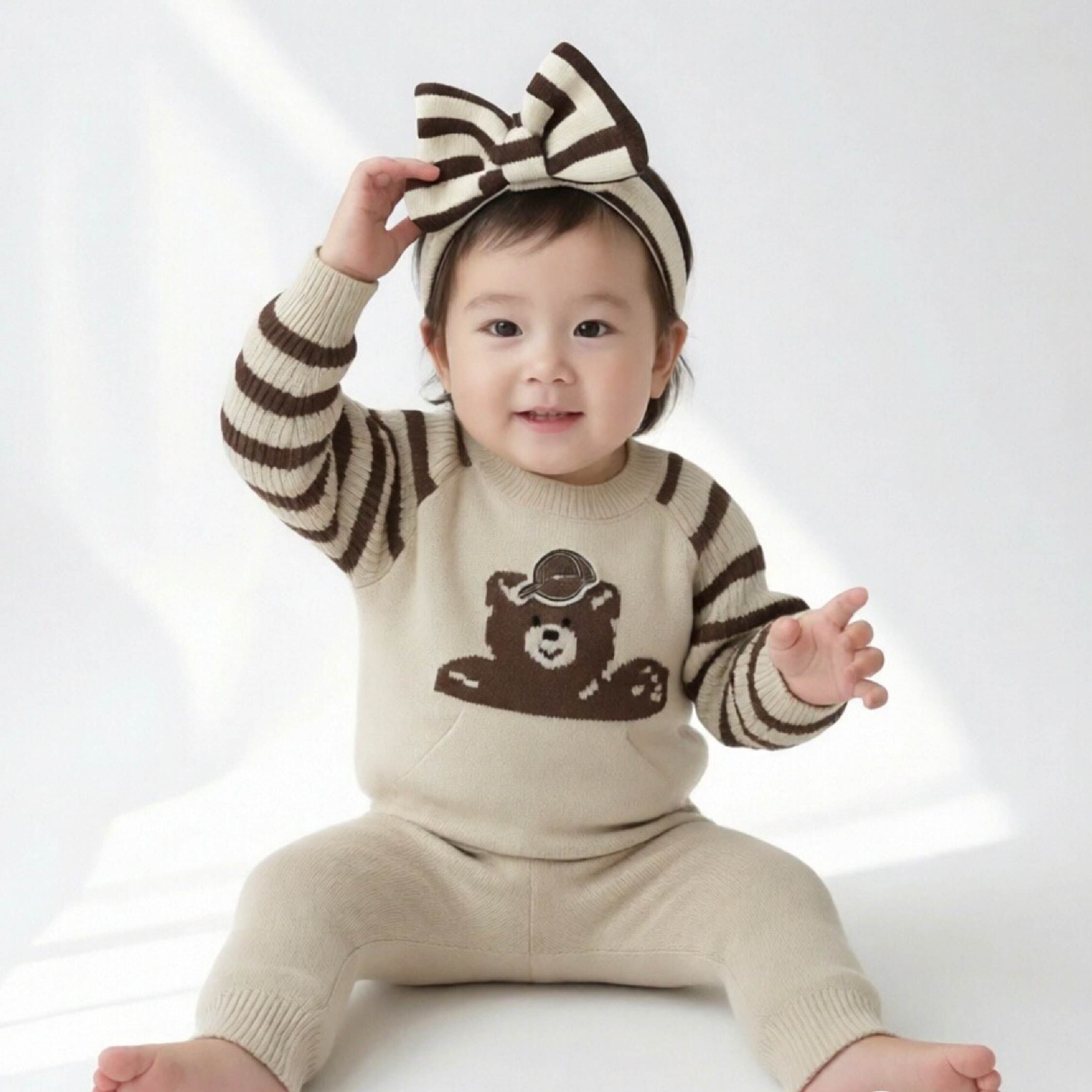 【H56090】帥氣白熊口袋設計針織套裝＊三色