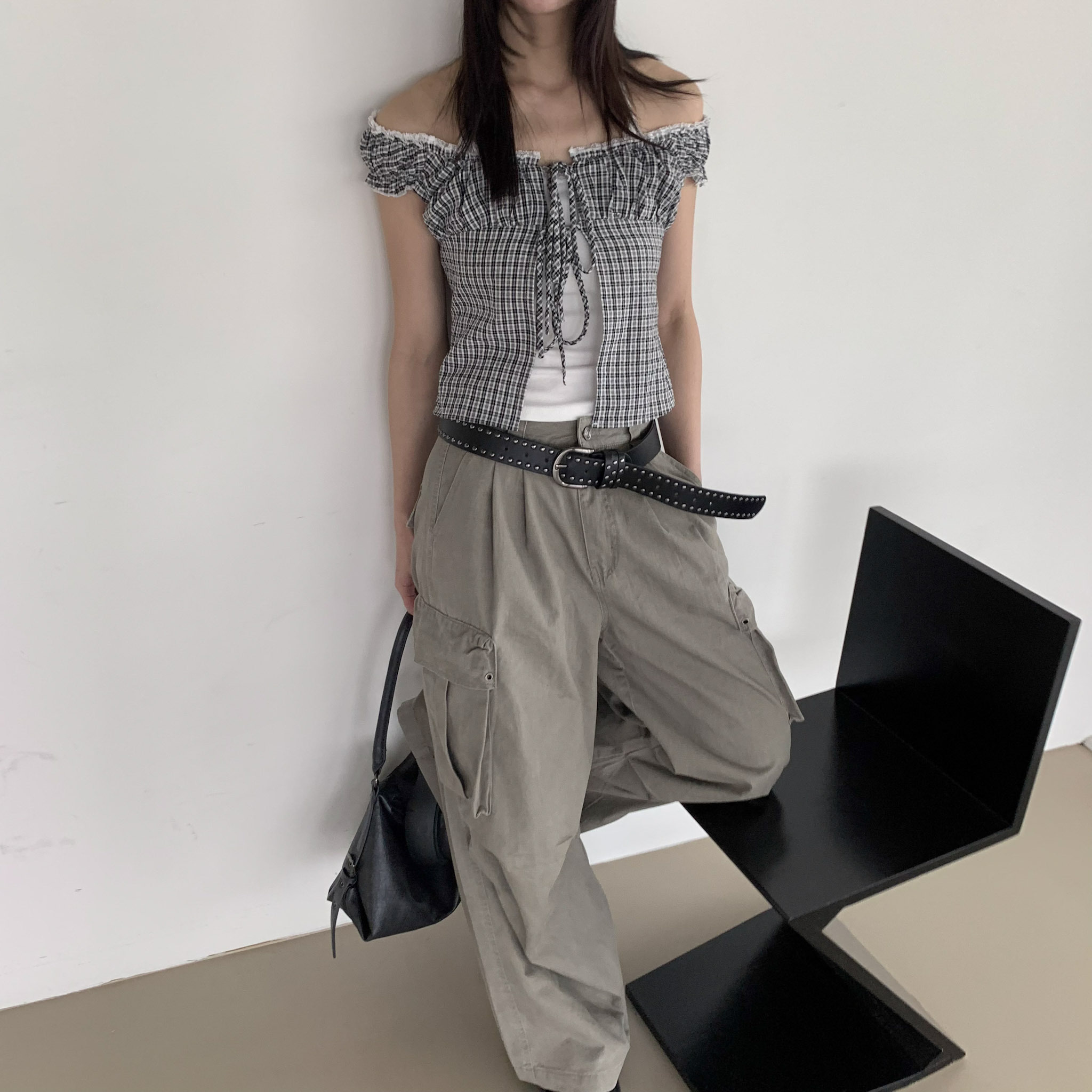 ISA_花邊教主 一字領格紋綁帶(1+1)套裝_61051