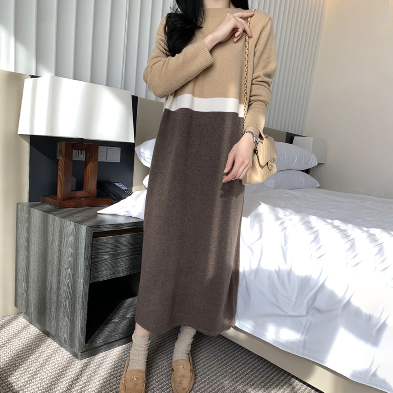 氣質感上下配色圓領針織長洋裝 / 2色