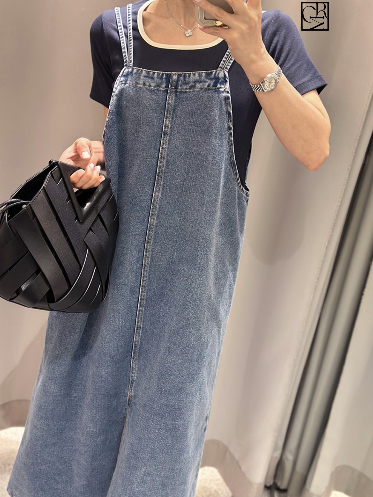 雙線細肩帶前開衩造型牛仔長洋裝