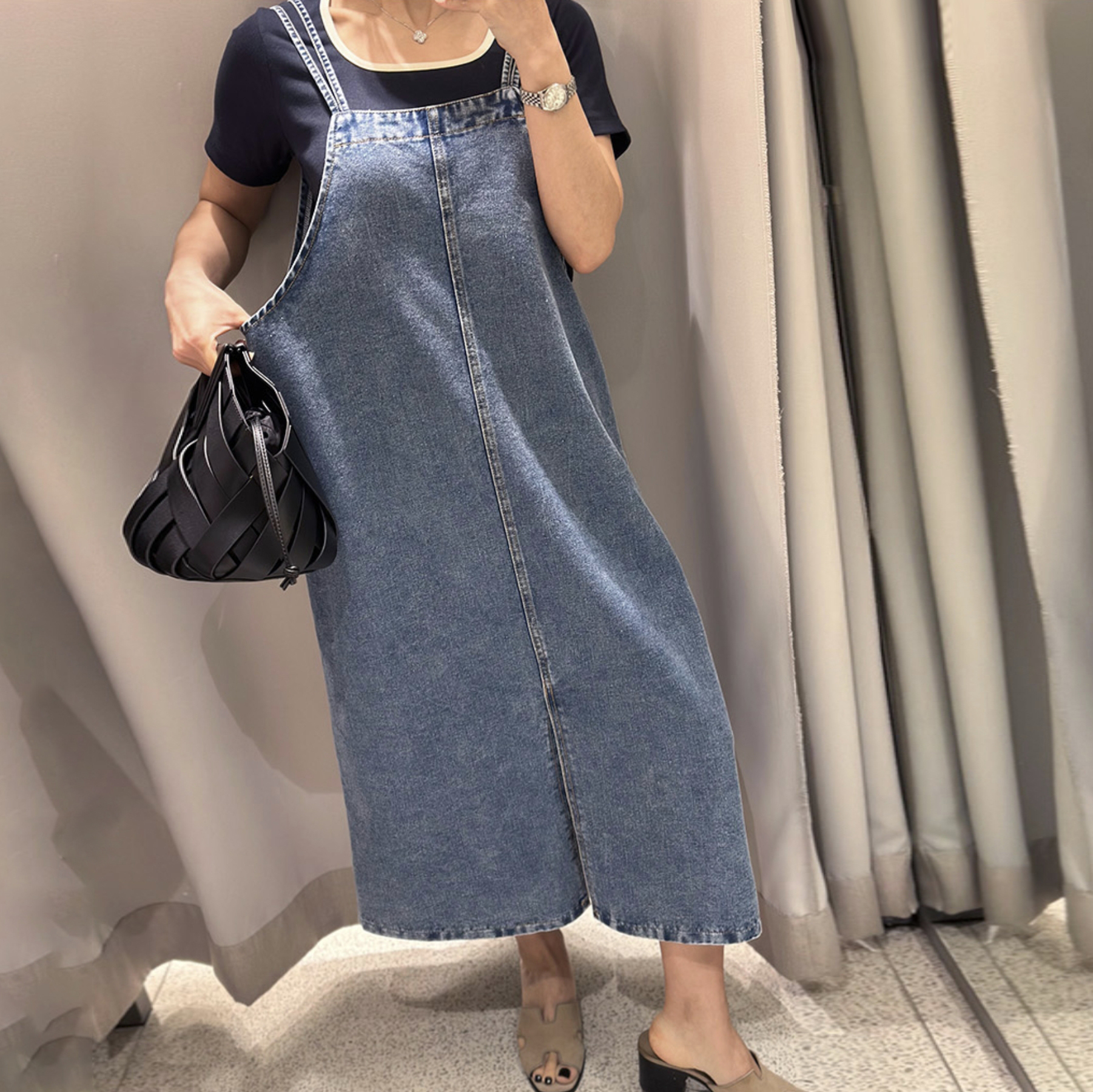 雙線細肩帶前開衩造型牛仔長洋裝