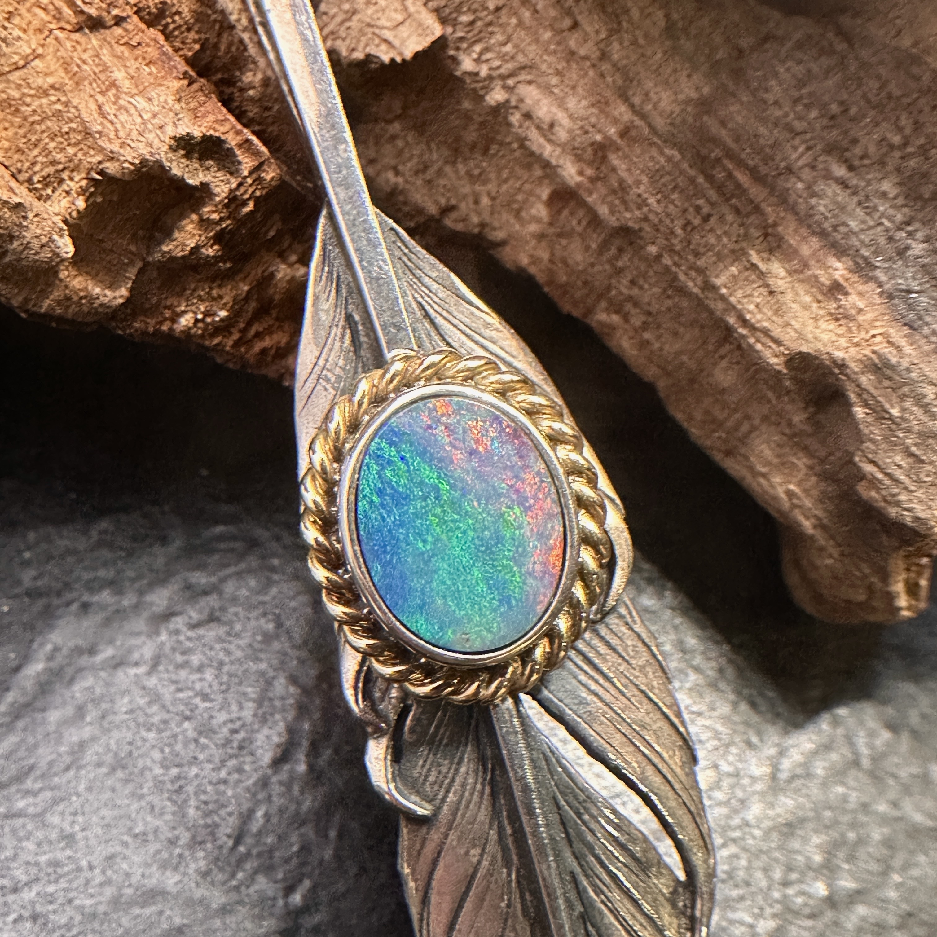 Black Venom Jewelry- Freedom & Prayer M(6cm)  Silver Feather with Australian Opal