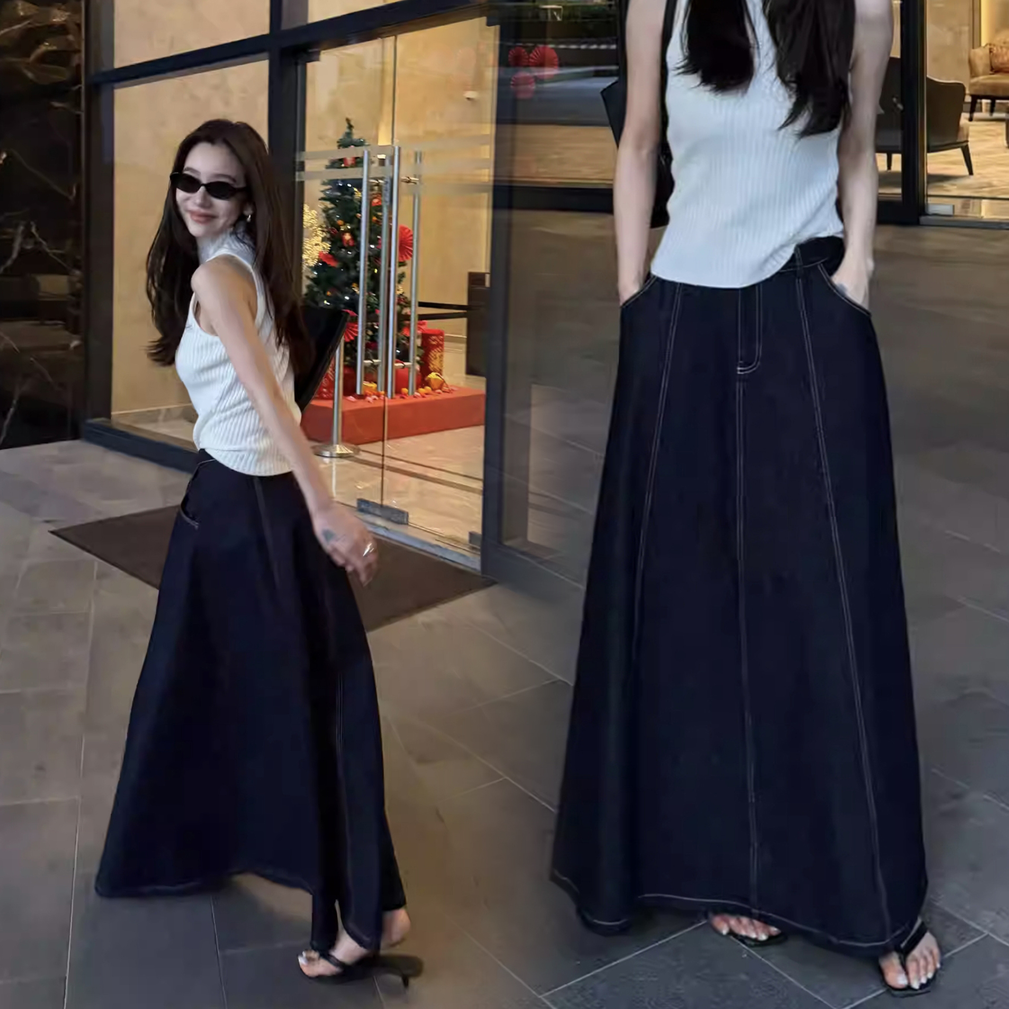 配色車線落地牛仔傘擺長裙-S-L  (Elegant & Love)