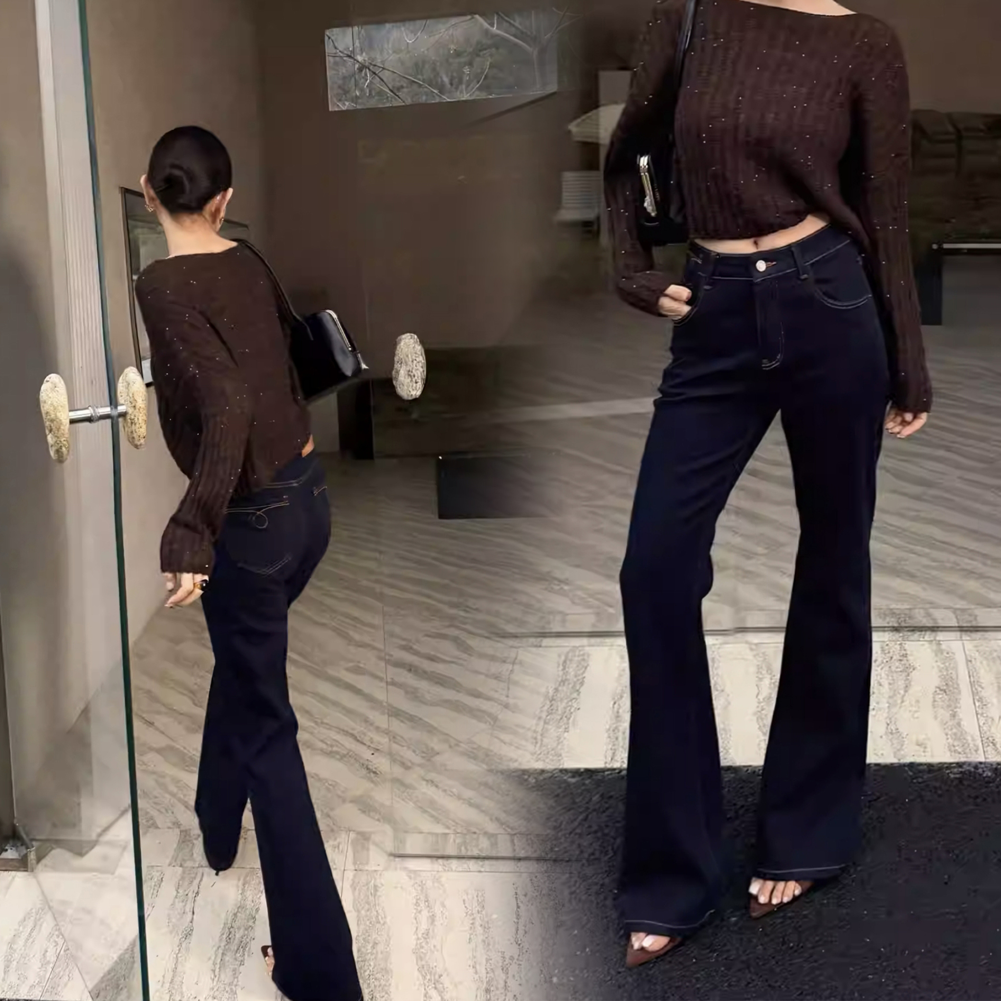 顯瘦深藍色長腿落地牛仔喇叭褲-S-XL (Elegant & Love)