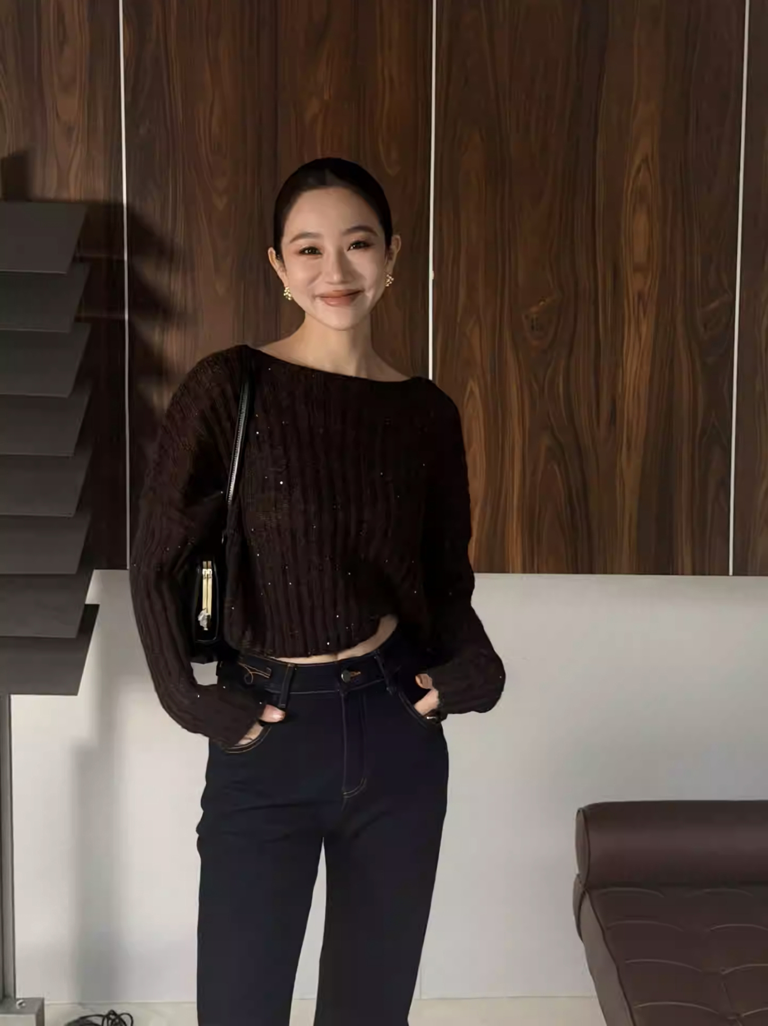 顯瘦深藍色長腿落地牛仔喇叭褲-S-XL (Elegant & Love)