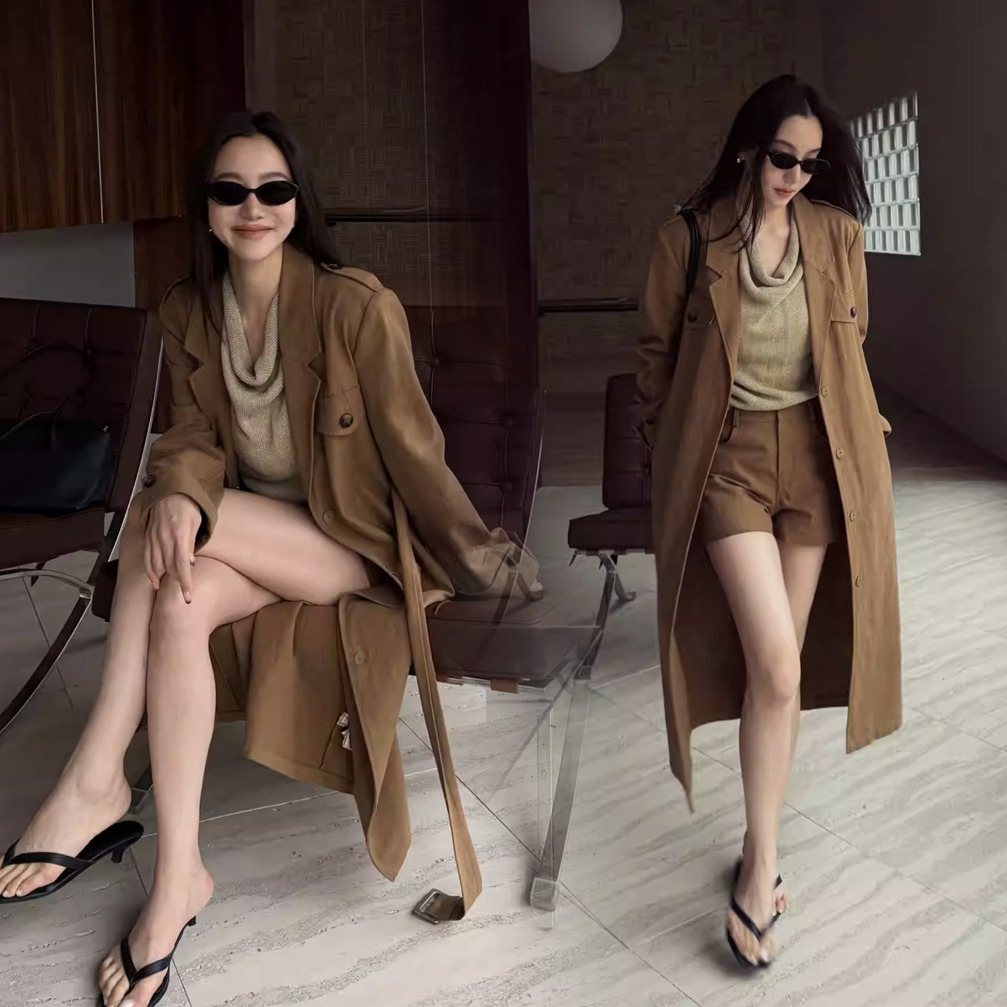 垂墜領口針織上衣+焦糖咖風衣外套+短褲SET-S-L (Elegant & Love)