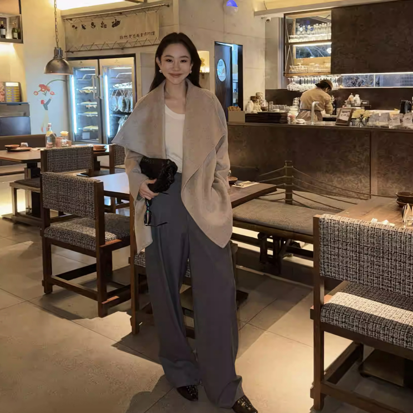 質感灰單釦落地長腿西裝褲長褲-S-L (Elegant & Love)