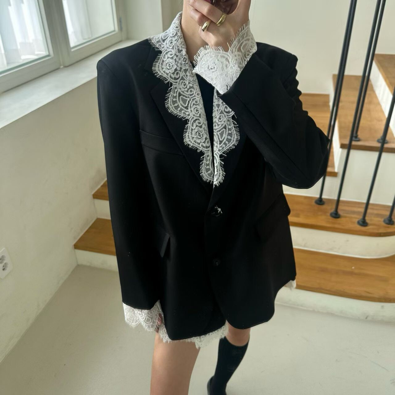 滾蕾絲邊長版西裝