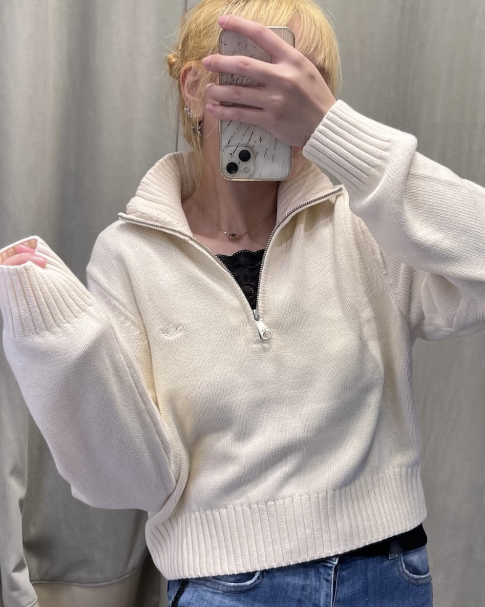 Adidas KNIT HALF ZIP 米白色 半拉鍊 短版 針織衫 長袖 上衣