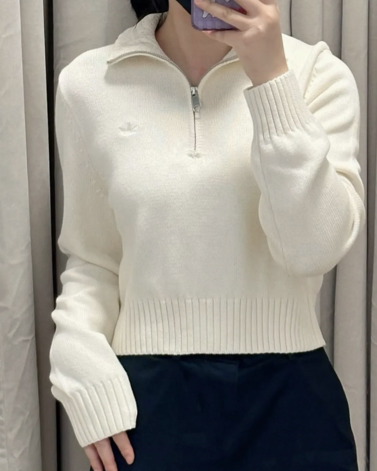 Adidas KNIT HALF ZIP 米白色 半拉鍊 短版 針織衫 長袖 上衣