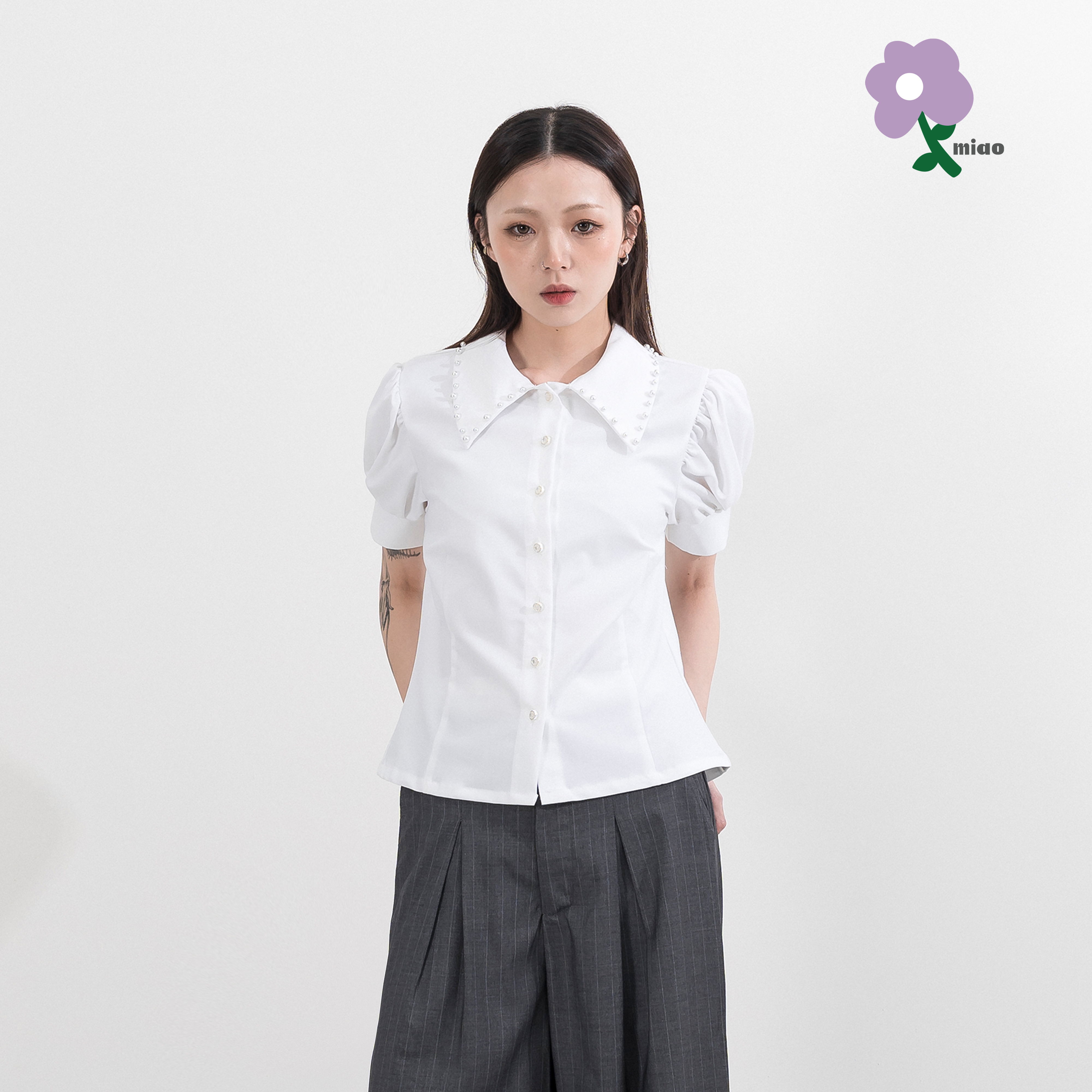 AGILITY MIAO Pearl Collar Shirt 女裝 釘珠 短袖襯衫 [M-SH60]