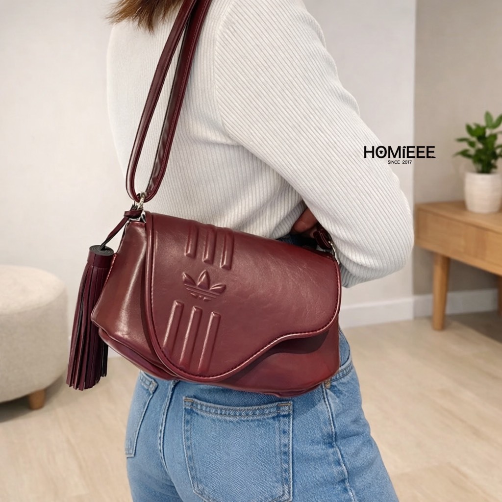 Adidas Originals Bag 馬鞍包 斜背包 皮革 流蘇 酒紅色 [KW4726]