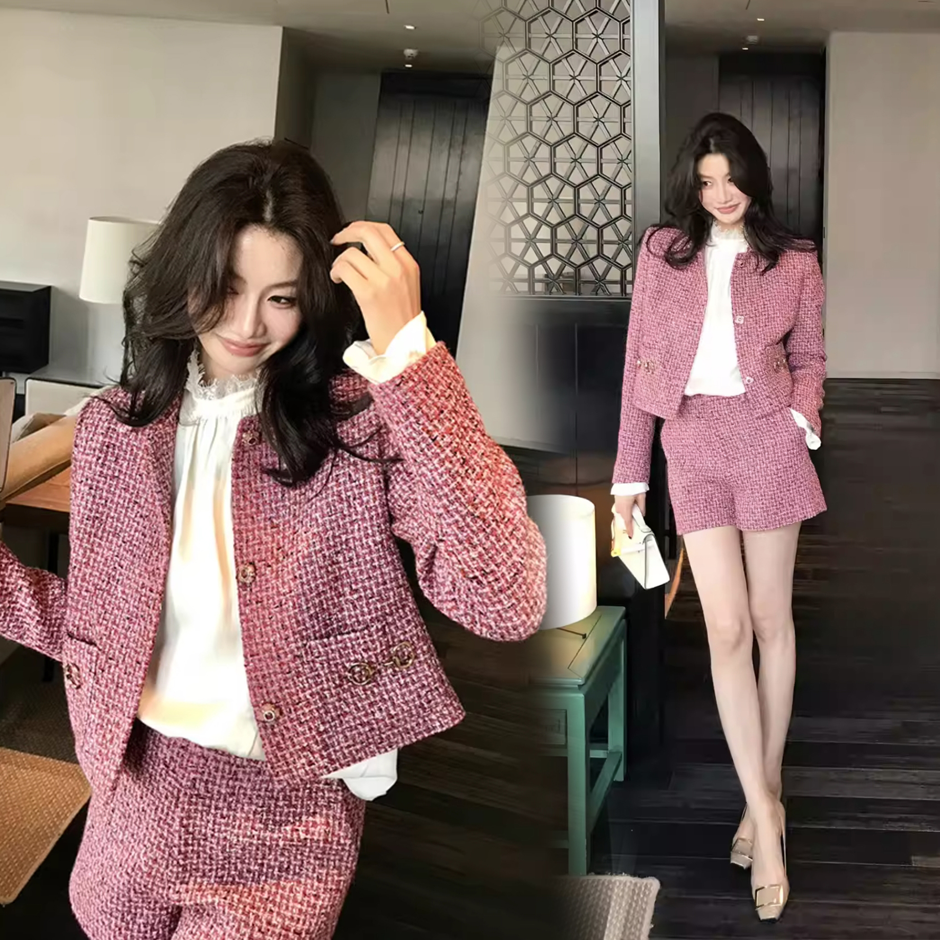 莓果粉織紋感圓領排釦外套+短褲SET-S-XL (Elegant & Love)