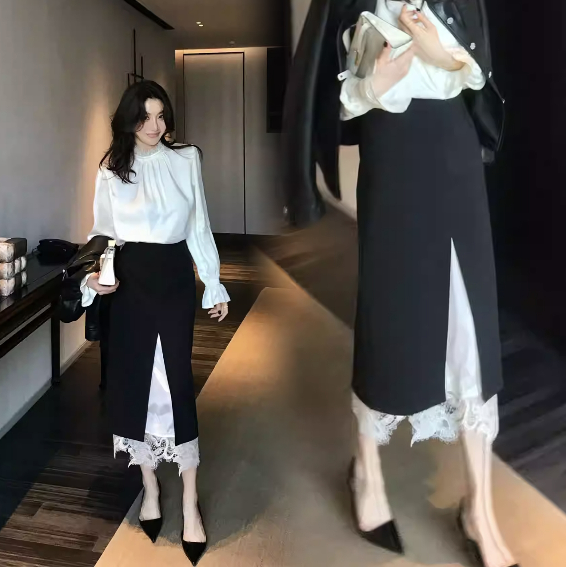 經典黑拼接白色布蕾絲造型鉛筆長裙-S-XXL (Elegant & Love)