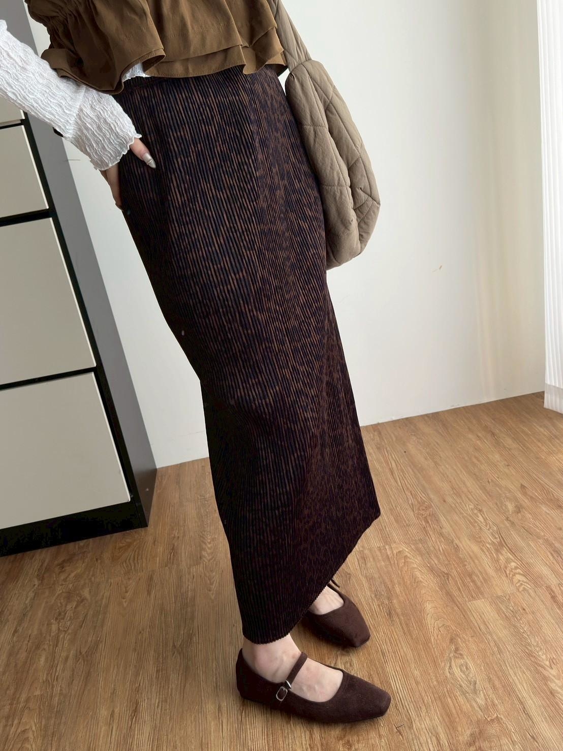 秋冬壓褶豹紋後開衩長裙 RAN98002