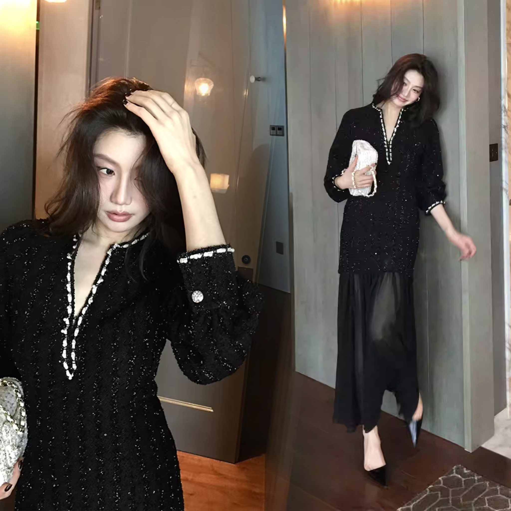 經典黑鏈條滾邊V領拼接紗質裙擺長洋裝-S-L (Elegant & Love)