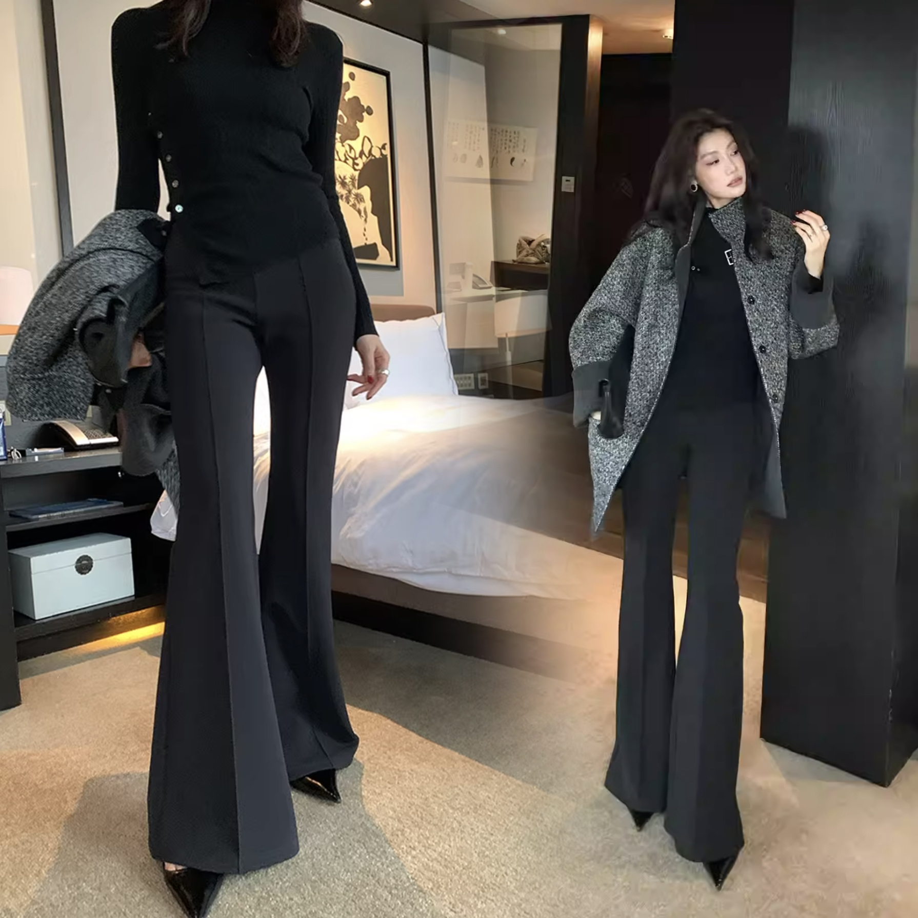 經典黑壓中線挺版長腿西裝喇叭褲-S-XXL (Elegant & Love)