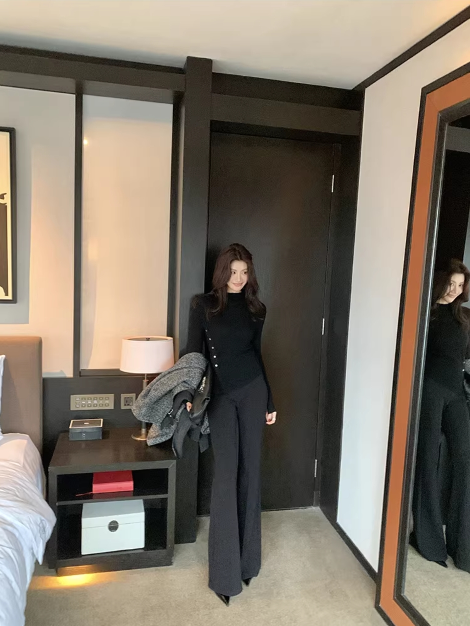 經典黑壓中線挺版長腿西裝喇叭褲-S-XXL (Elegant & Love)