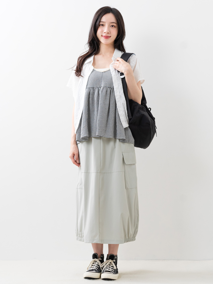 繡花連袖上衣格紋背心花苞開衩長裙組合