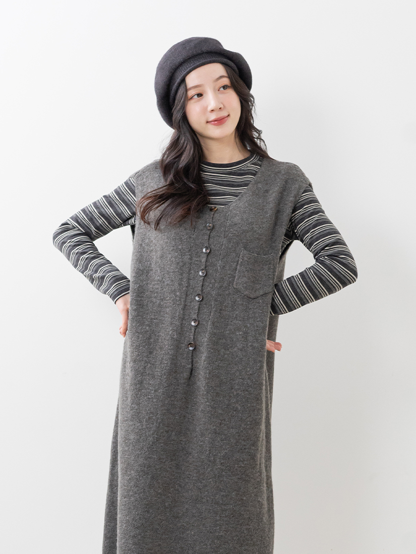 慵懶針織背心洋裝條紋內搭上衣組合