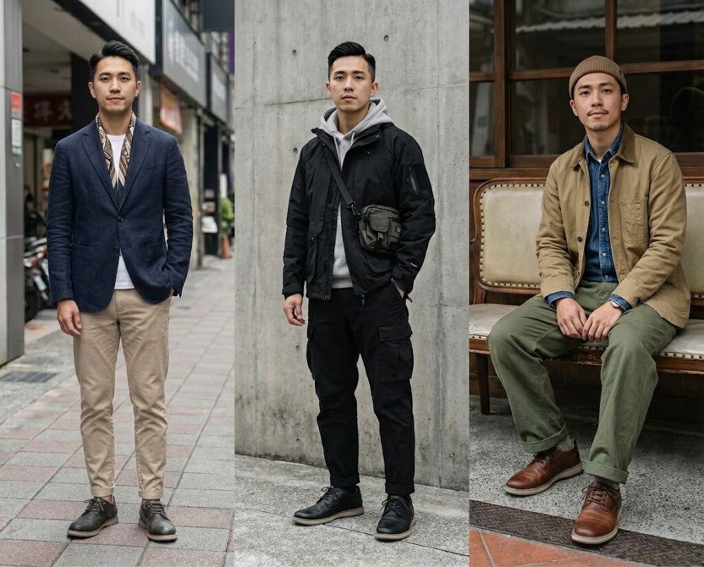 男生皮鞋穿搭教學，Sanly Joy 布萊恩真皮鞋搭配牛仔褲與卡其褲，演繹 Smart Casual 與日系風格，是改造男友穿搭的必備單品。