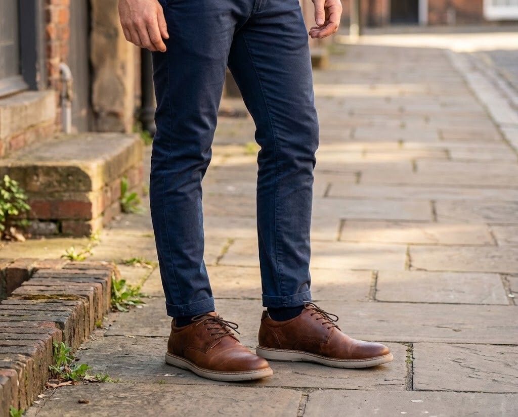 男生換上 Sanly Joy 布萊恩真皮皮鞋後質感提升，擺脫宅男形象，展現成熟紳士魅力。