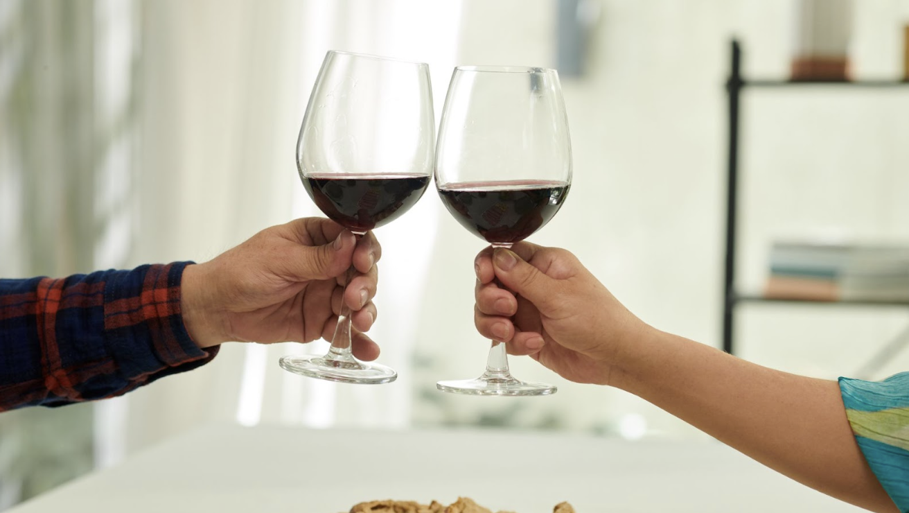 兩人手持紅酒杯對飲乾杯的特寫鏡頭，背景為明亮的室內居家環境，適合表達聚會應酬、社交生活或歡慶時刻的情境