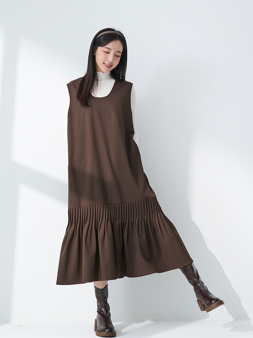 日系氣質下擺壓褶魚尾連身洋裝