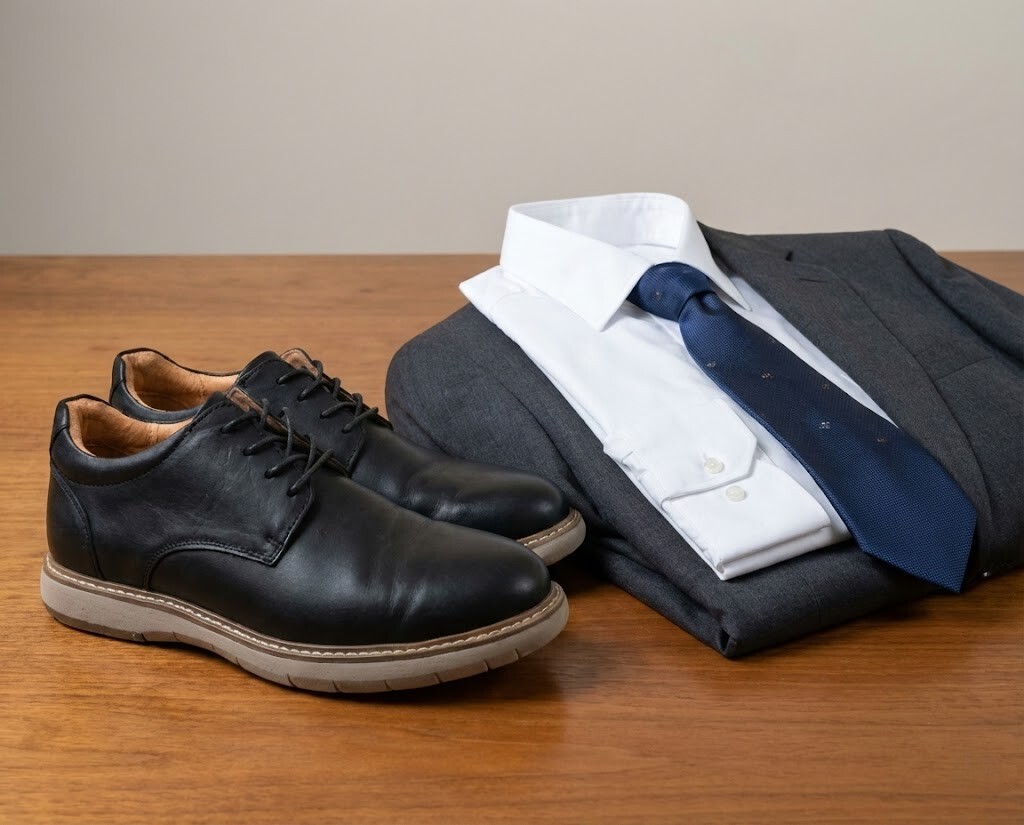 真皮男鞋展示男士婚禮穿搭，襯衫、領帶、西裝以及一雙好穿的真皮紳士鞋。