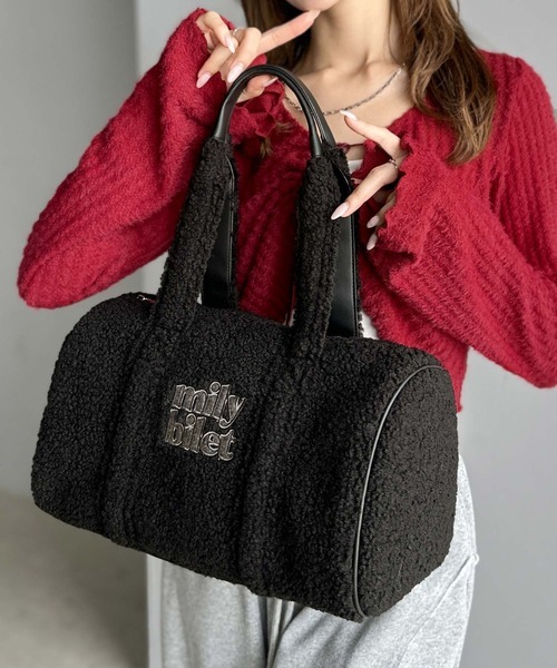 日本🇯🇵連線 Mily Bilet 熊寶寶毛絨Logo刺繡波士頓包 單肩包 肩背包 手提包 波士頓包 斜背包 4色(任買兩件711免運)/預購