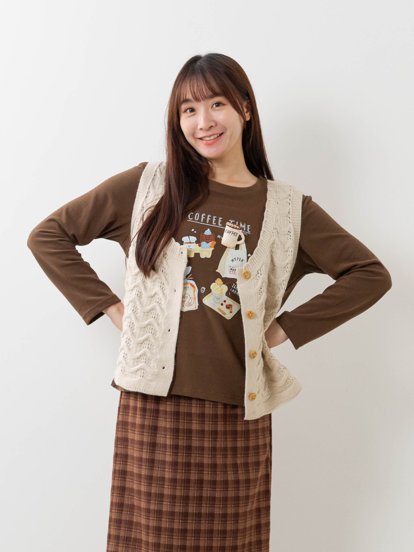 咖啡午茶印花手縫別針棉柔磨毛大學T