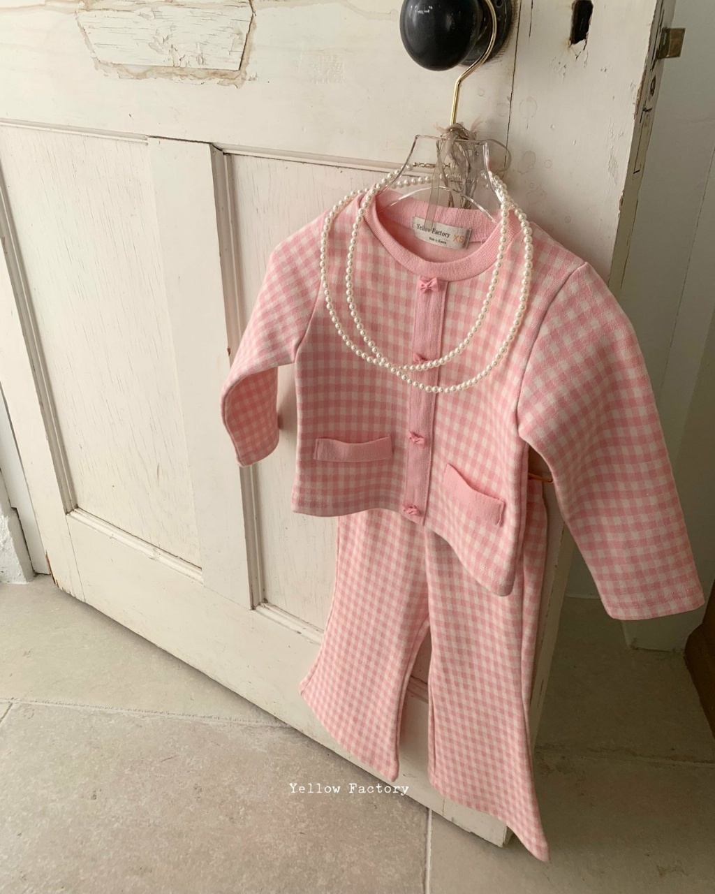 正韓春yellowfactory 兩色高級感蝴蝶結格紋上衣