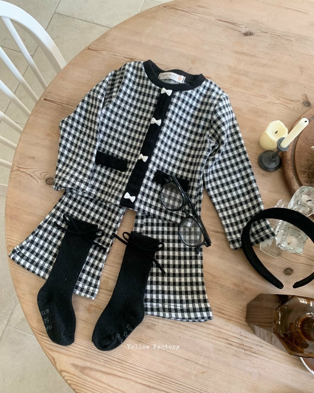 正韓春yellowfactory 兩色高級感蝴蝶結格紋上衣