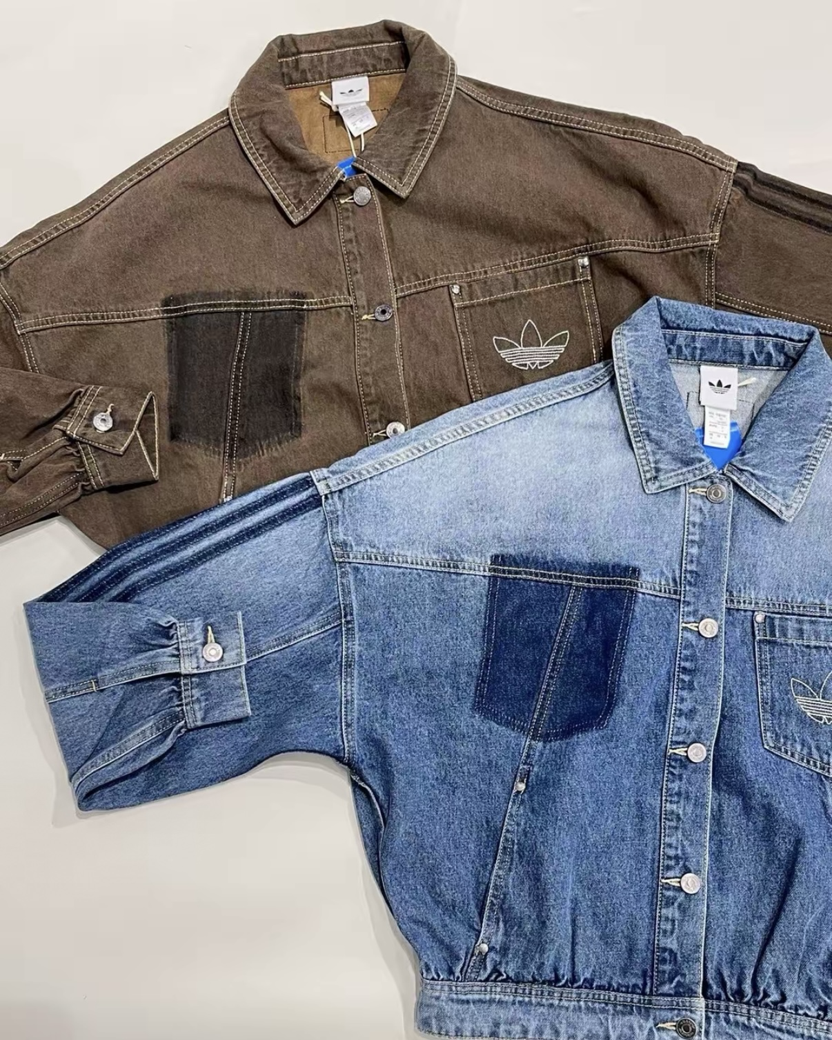 Adidas 丹寧 牛仔 外套 復古 水洗 oversize 三葉草 刺繡 卡其色 牛仔藍