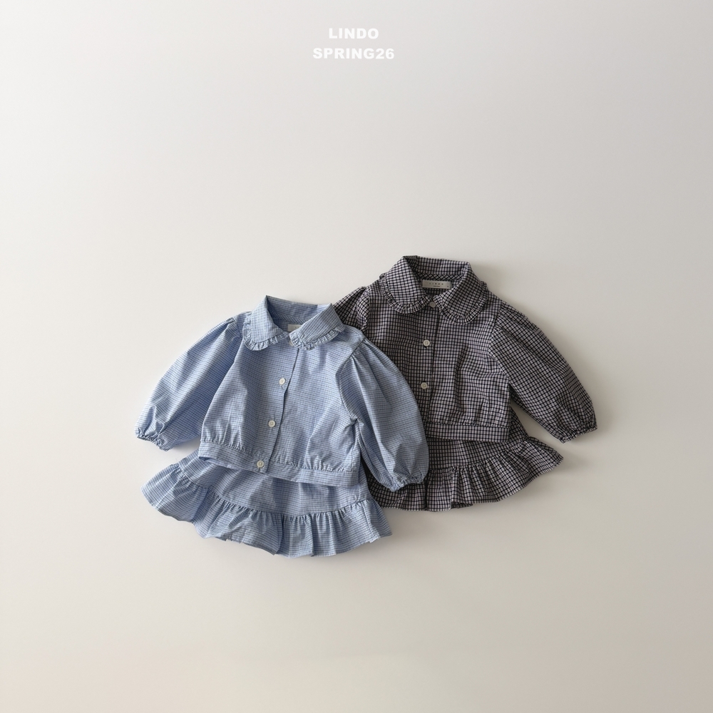 正韓春LINDO 澎袖格紋襯衫短裙套裝