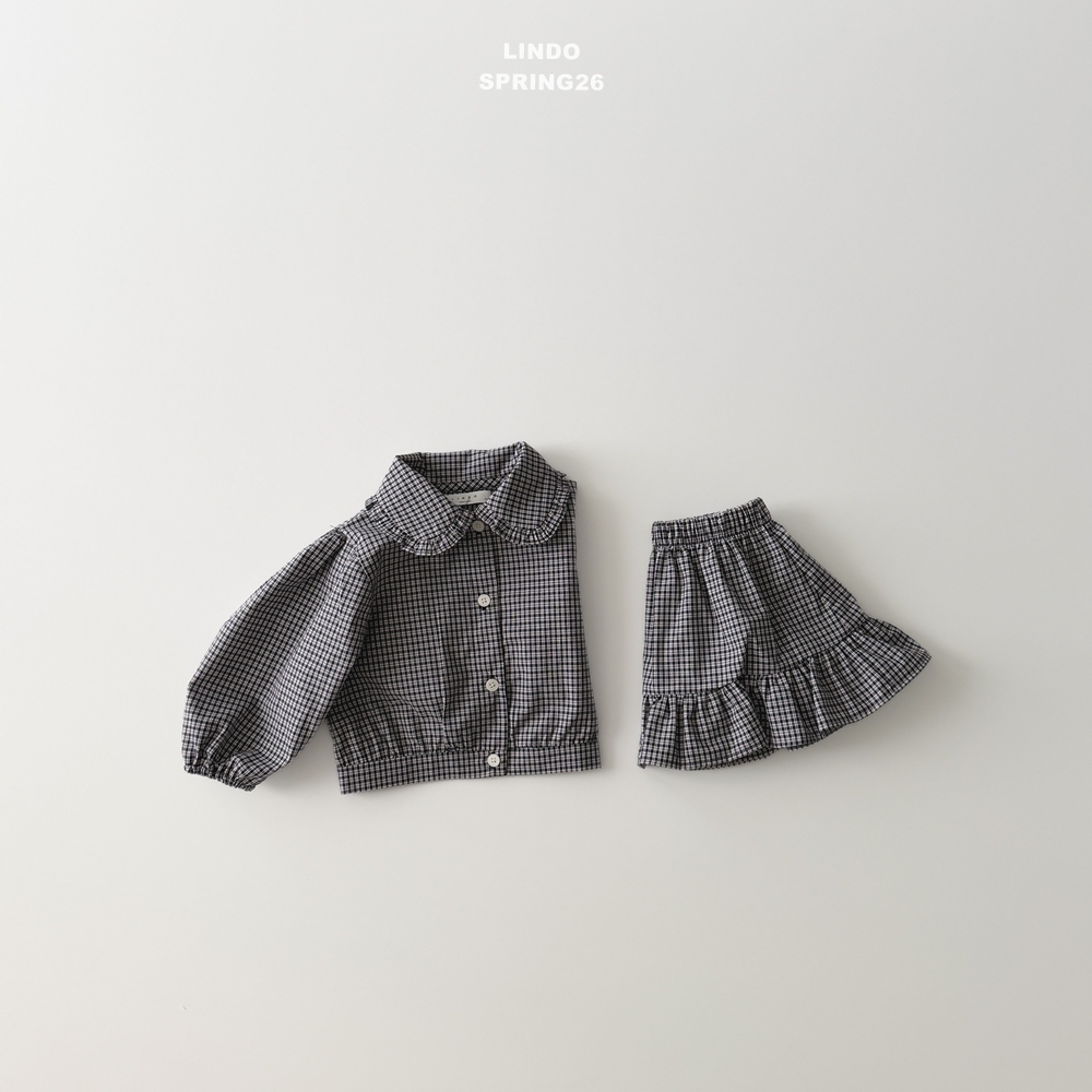 正韓春LINDO 澎袖格紋襯衫短裙套裝