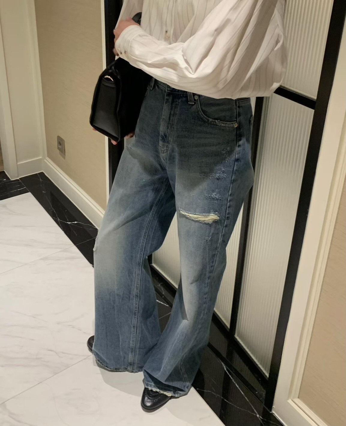 愛心貼片牛仔寬長褲