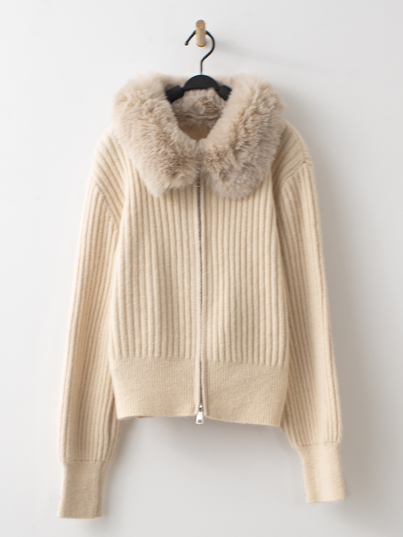質感素色羅紋毛毛領拉鍊針織外套