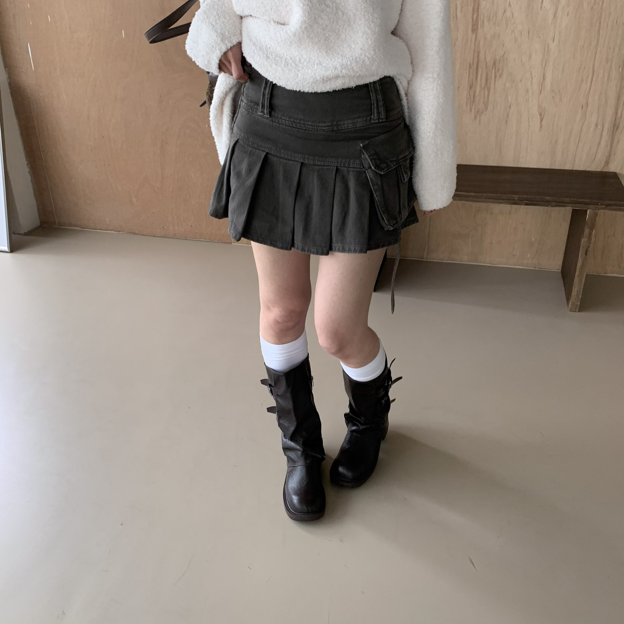 ISA_美高學姊 水洗牛仔設計感百褶褲裙_61057