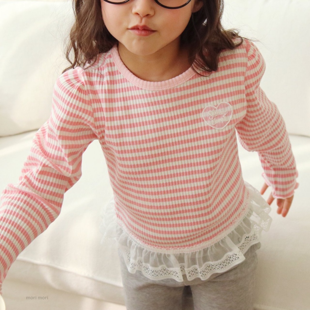 正韓春Morimori 兩色蕾絲愛心條紋上衣