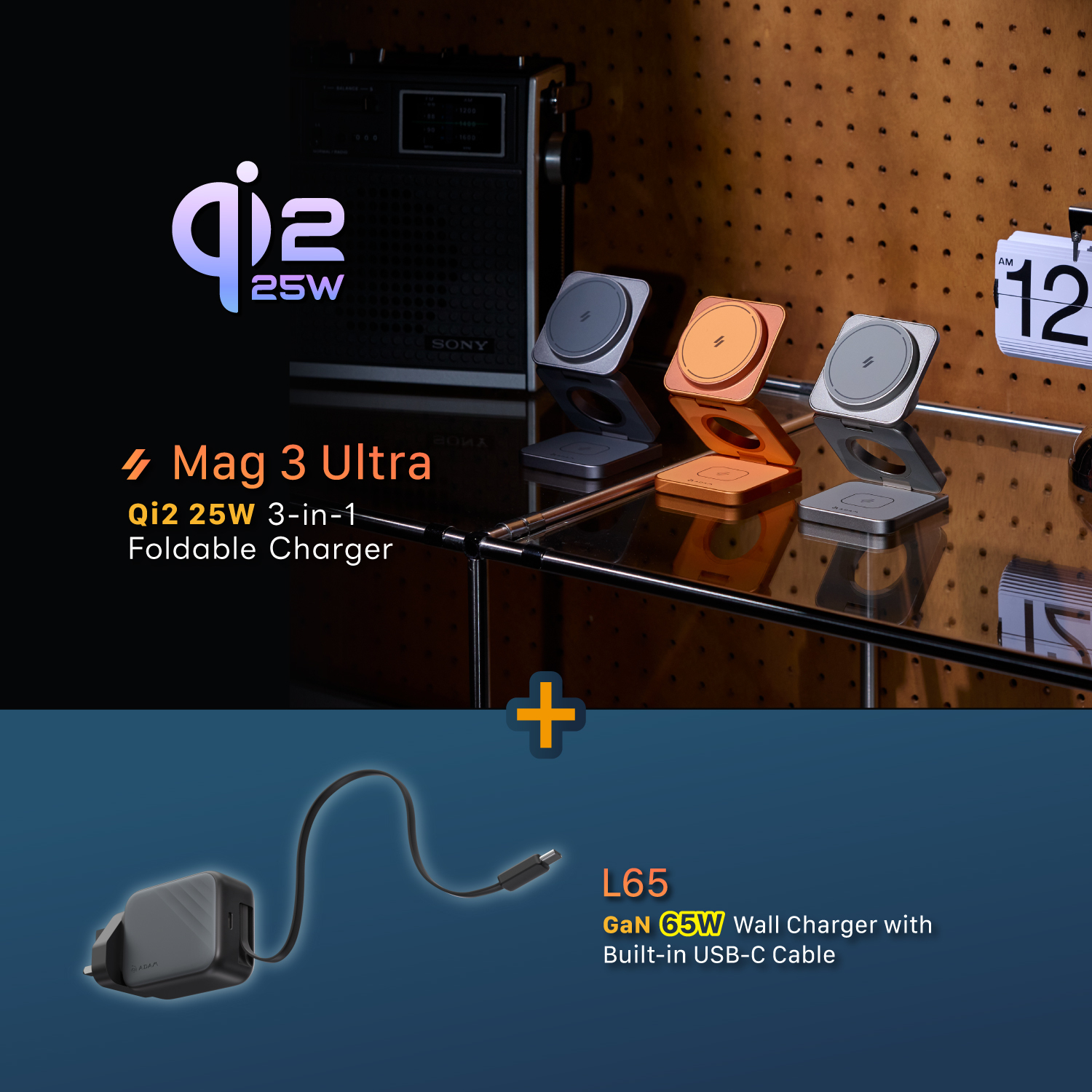 Mag 3 Ultra Qi2 25W 3-in-1 Foldable Charger + L65 UK GaN 65W Wall Charger with Built-In USB-C Cable